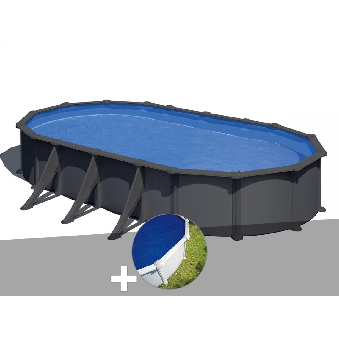 Gre - Kit piscine acier gris anthracite Gré Juni ovale 7,44 x 3,99 x 1,32 m + Bâche à bulles - Piscines acier et résine