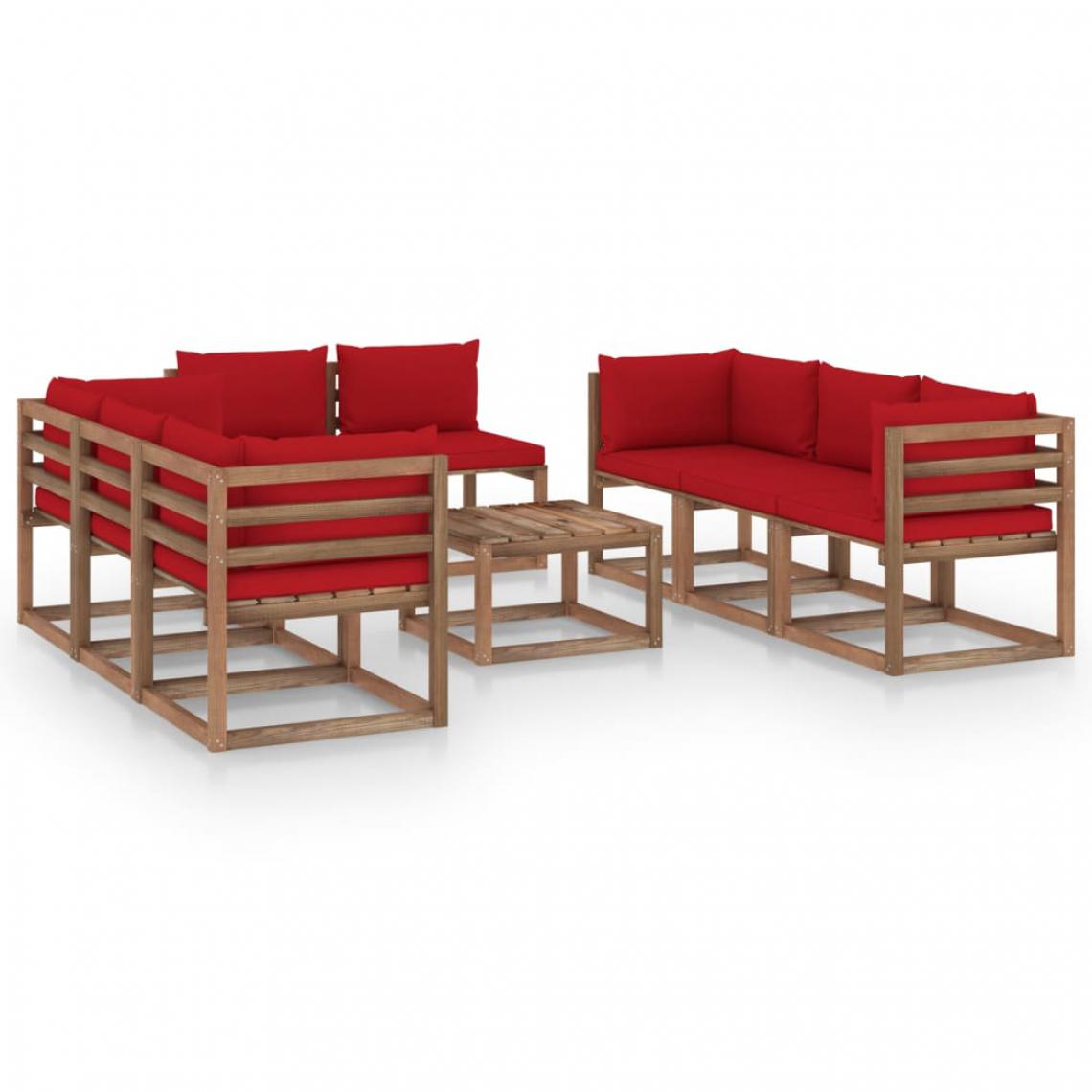 Chunhelife - Salon de jardin 9 pcs avec coussins Rouge - Ensembles canapés et fauteuils