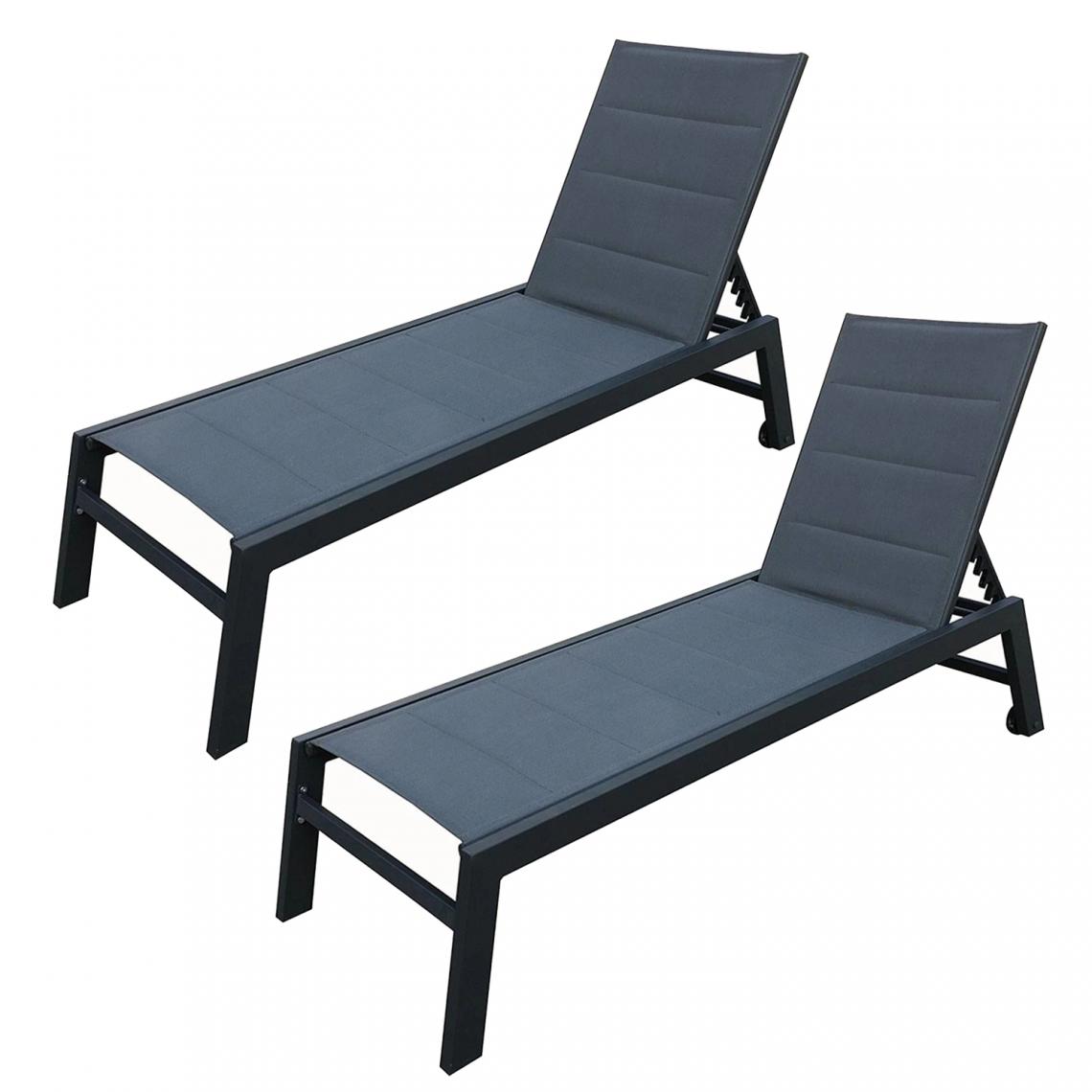 Beneffito - BAISAO - Bain de Soleil Droit Textilène Aluminium - GRIS/NOIR - X2 - Transats, chaises longues