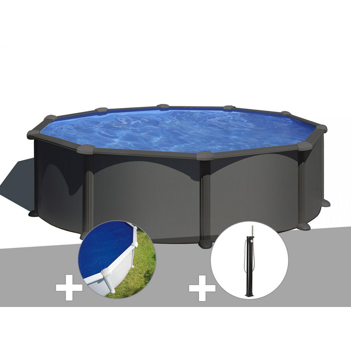 Gre - Kit piscine acier gris anthracite Gré Juni ronde 4,80 x 1,32 m + Bâche à bulles + Douche - Piscines acier et résine