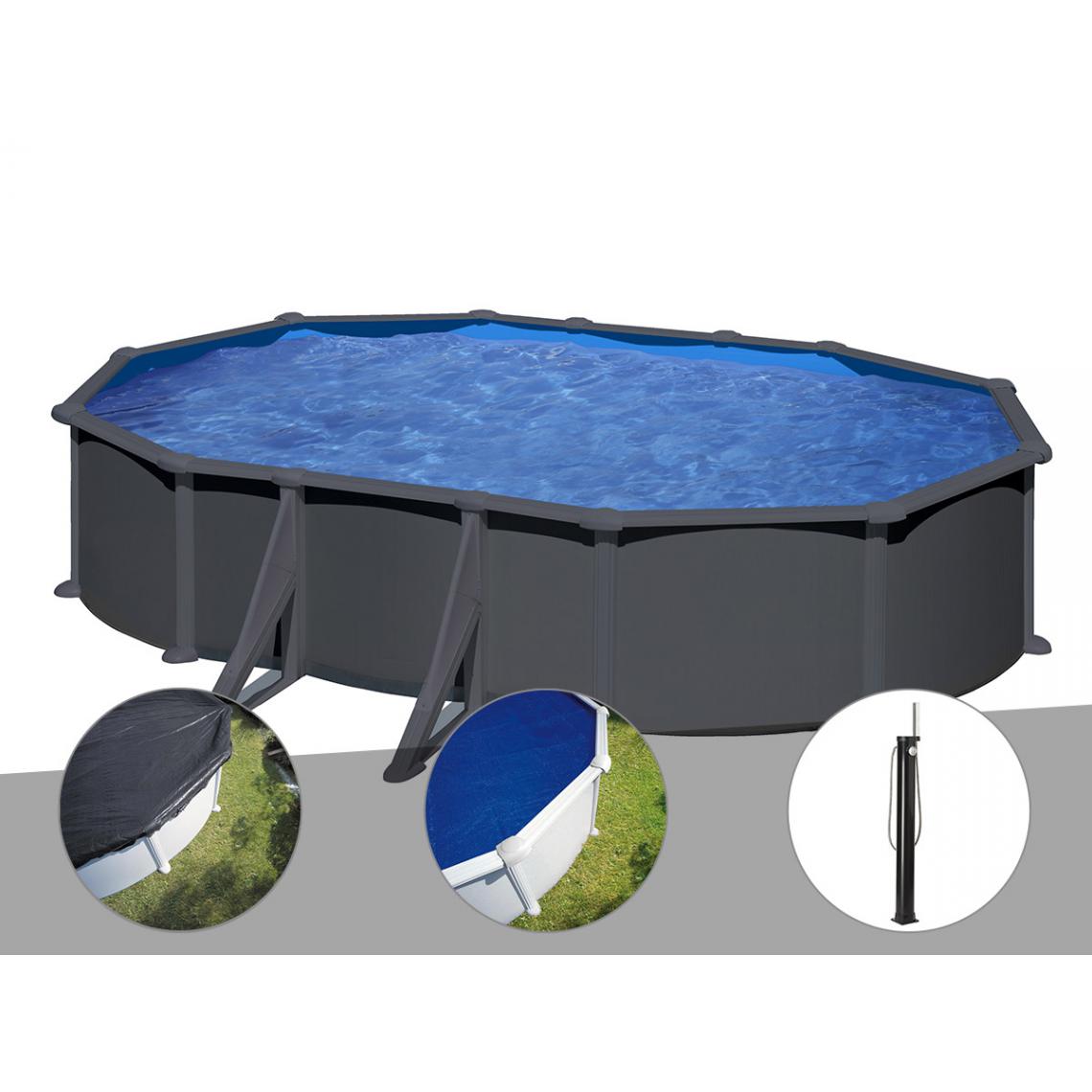 Gre - Kit piscine acier gris anthracite Gré Juni ovale 6,34 x 3,99 x 1,32 m + Bâche d'hivernage + Bâche à bulles + Douche - Piscines acier et résine