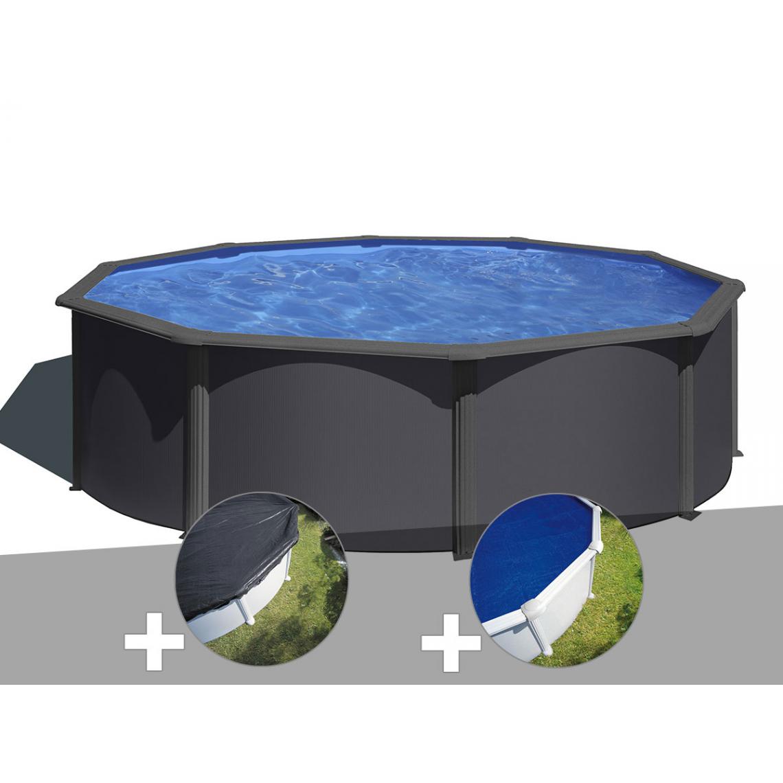 Gre - Kit piscine acier gris anthracite Gré Louko ronde 3,70 x 1,22 m + Bâche d'hivernage + Bâche à bulles - Piscines acier et résine