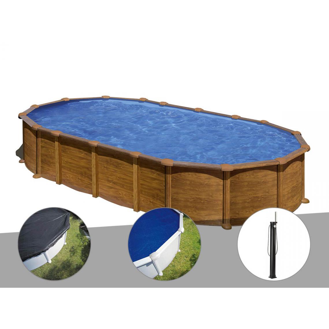 Gre - Kit piscine acier aspect bois Gré Amazonia ovale 7,44 x 3,99 x 1,32 m + Bâche d'hivernage + Bâche à bulles + Douche - Piscines acier et résine