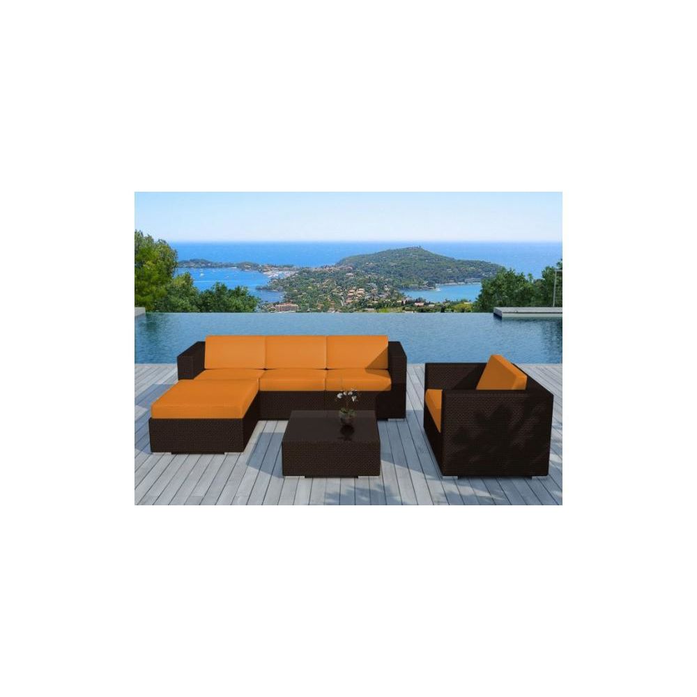 Declikdeco - Salon de jardin en résine tressée chocolat et orange LAGON - Ensembles canapés et fauteuils