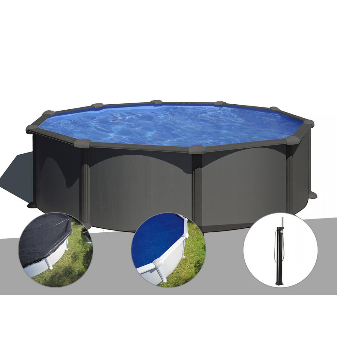 Gre - Kit piscine acier gris anthracite Gré Juni ronde 4,80 x 1,32 m + Bâche d'hivernage + Bâche à bulles + Douche - Piscines acier et résine