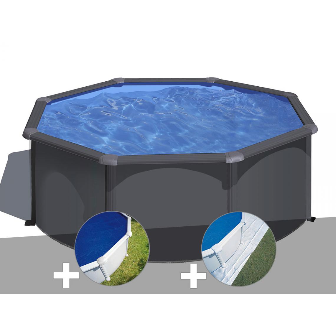Gre - Kit piscine acier gris anthracite Gré Louko ronde 3,20 x 1,22 m + Bâche à bulles + Tapis de sol - Piscines acier et résine