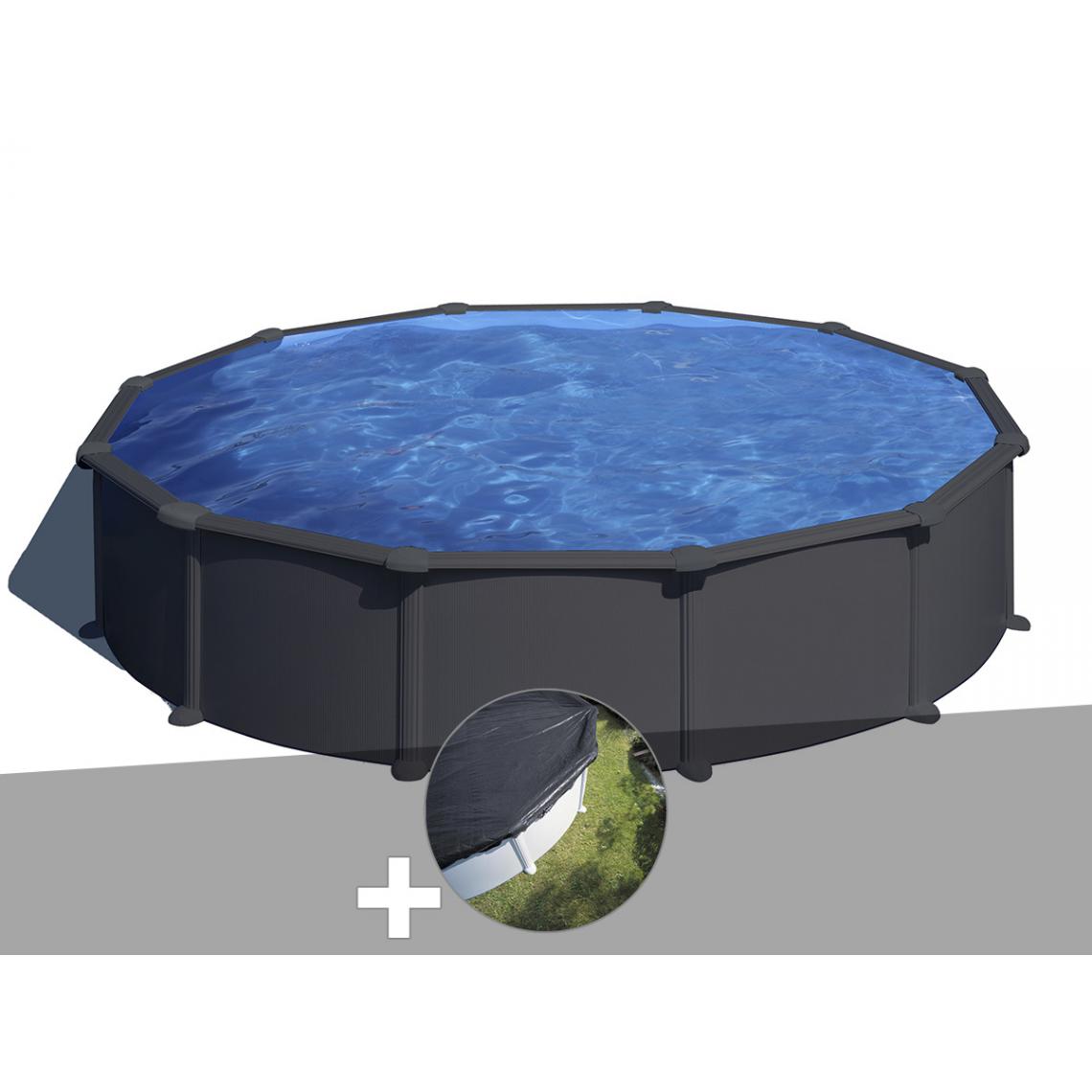 Gre - Kit piscine acier gris anthracite Gré Juni ronde 5,70 x 1,32 m + Bâche d'hivernage - Piscines acier et résine