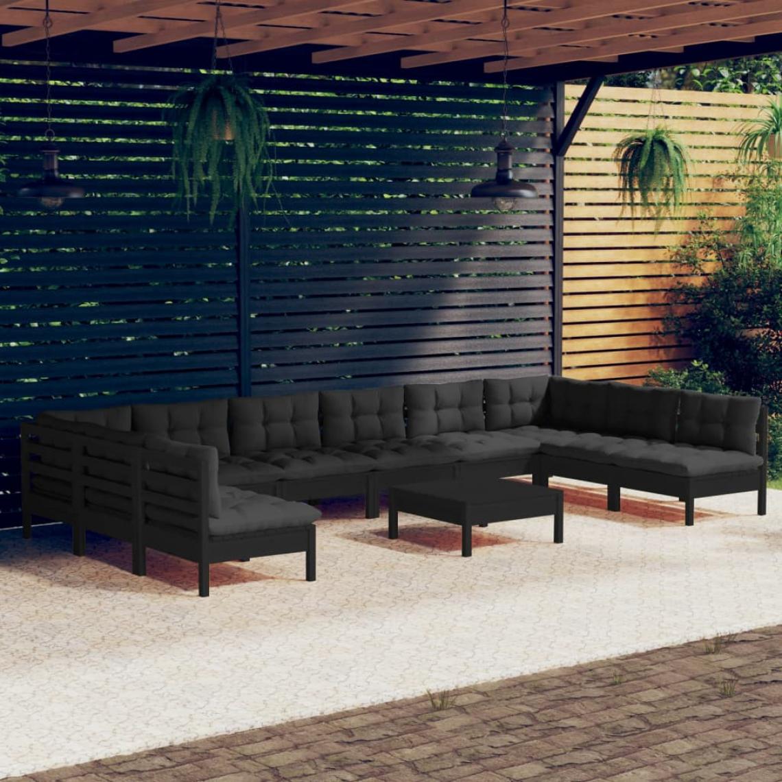 Vidaxl - vidaXL Salon de jardin 11 pcs avec coussins Noir Bois de pin massif - Ensembles canapés et fauteuils