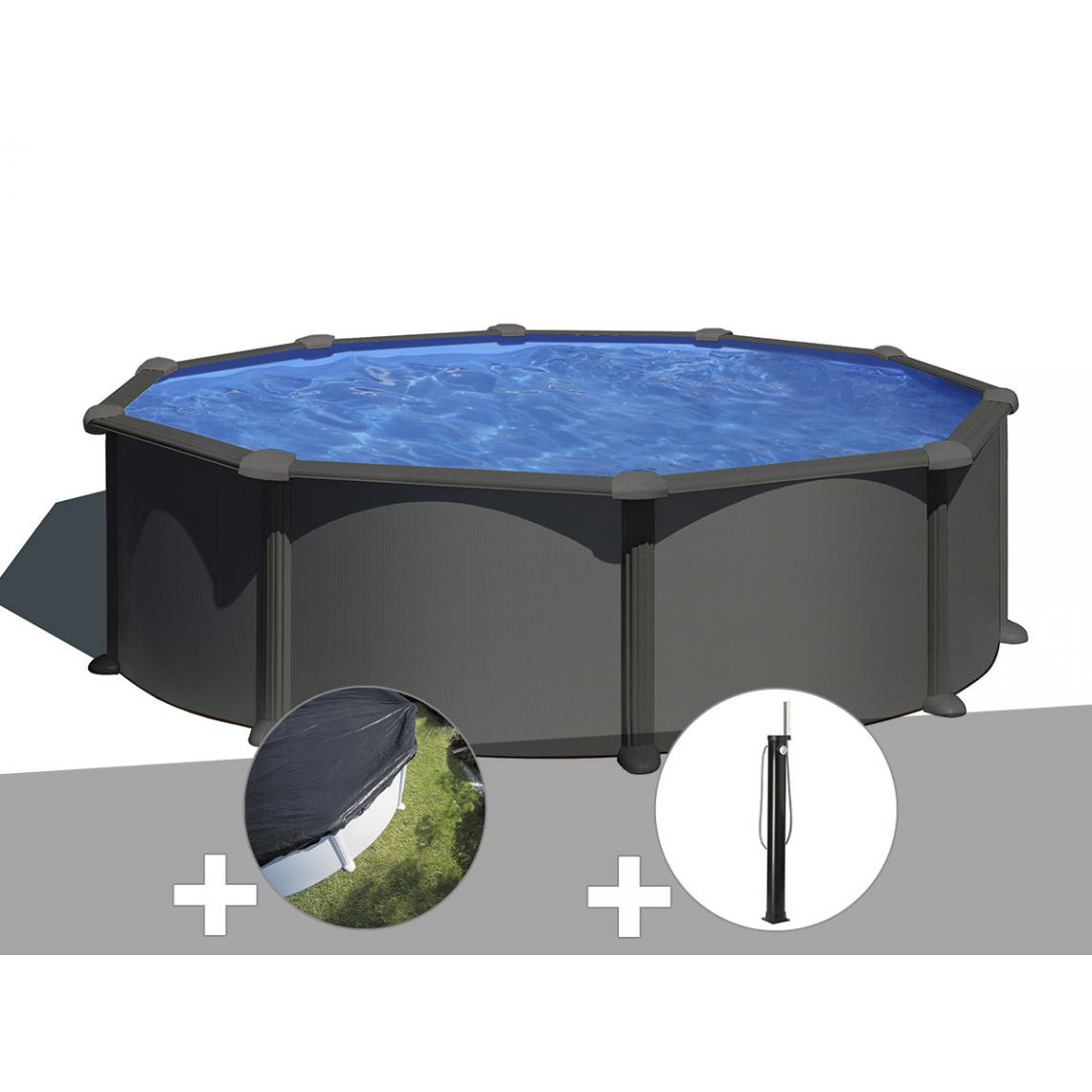 Gre - Kit piscine acier gris anthracite Gré Juni ronde 3,70 x 1,32 m + Bâche d'hivernage + Douche - Piscines acier et résine