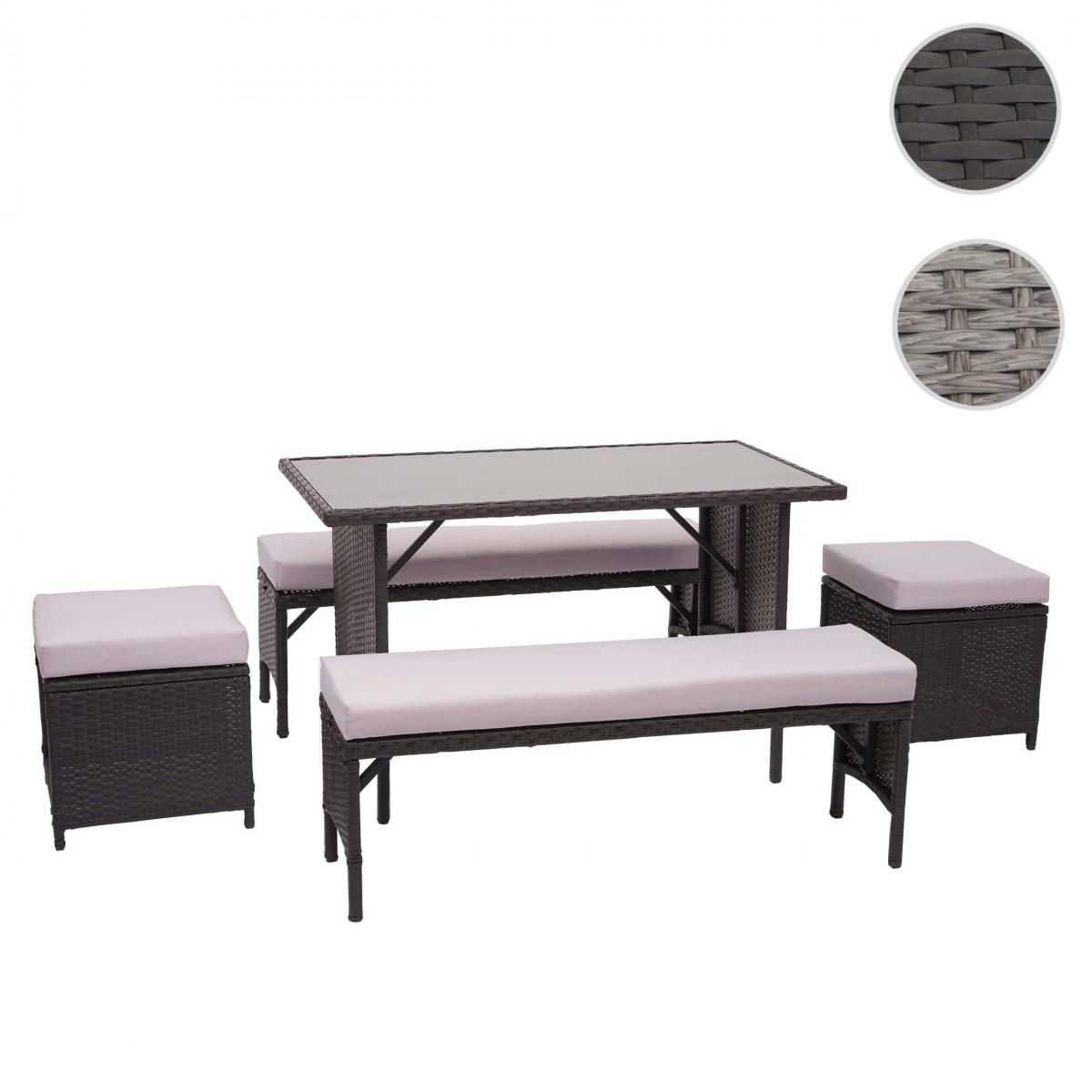 Mendler - Garniture en polyrotin HWC-G16, jardin, gastronomie, 2x banc, table, 2x tabouret ~ noir, coussin gris clair - Ensembles tables et chaises