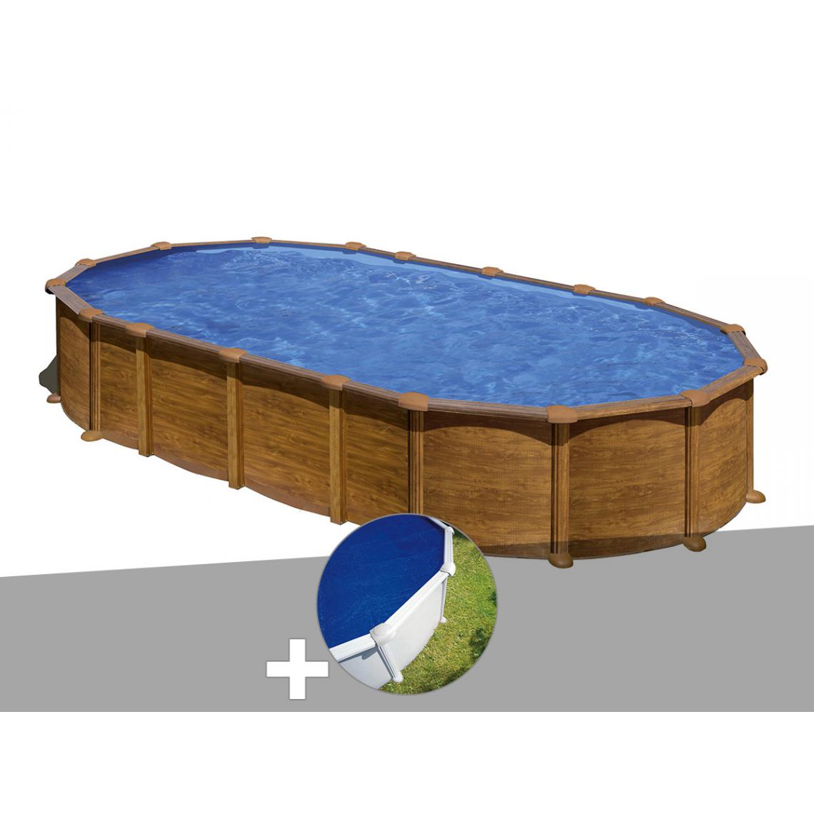 Gre - Kit piscine acier aspect bois Gré Amazonia ovale 7,44 x 3,99 x 1,32 m + Bâche à bulles - Piscines acier et résine