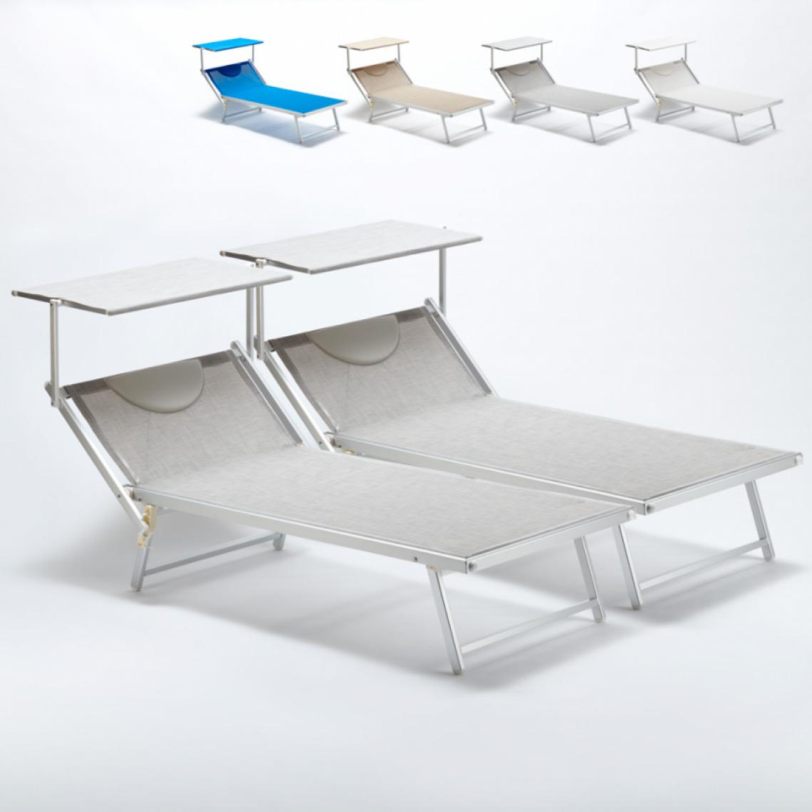 Beach And Garden Design - 2 Bain de soleil Xxl professionnels chaises longue piscine transat aluminium Italia Extralarge, Couleur: Gris - Transats, chaises longues