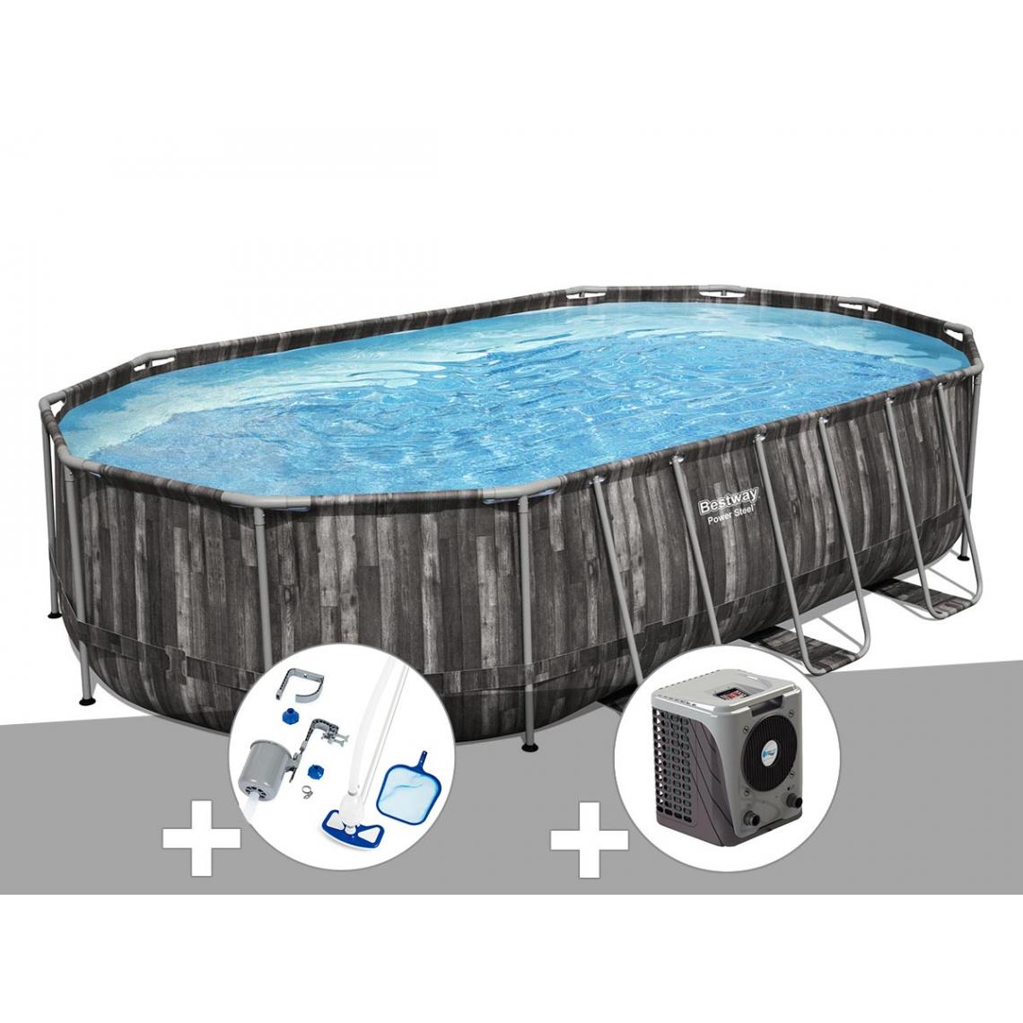 Bestway - Kit piscine tubulaire ovale Bestway Power Steel décor bois 6,10 x 3,66 x 1,22 m + Kit d'entretien Deluxe + Pompe à chaleur - Piscine Tubulaire