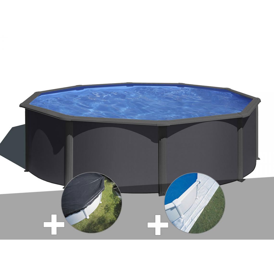 Gre - Kit piscine acier gris anthracite Gré Louko ronde 3,70 x 1,22 m + Bâche d'hivernage + Tapis de sol - Piscines acier et résine