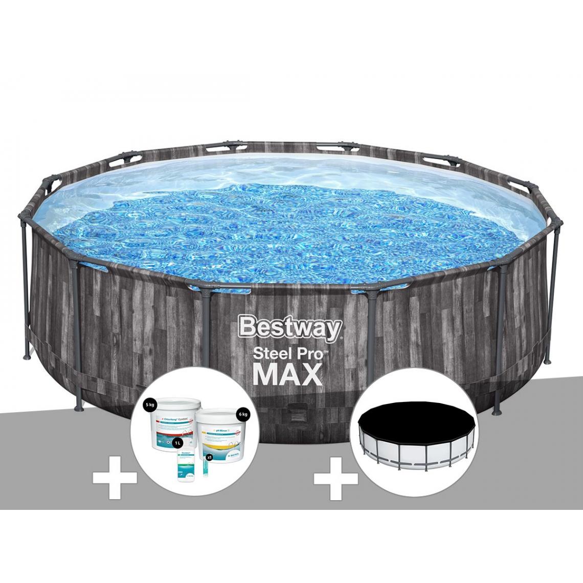 Bestway - Kit piscine tubulaire ronde Bestway Steel Pro Max décor bois 3,66 x 1,00 m + Kit de traitement au chlore + Bâche de protection - Piscine Tubulaire