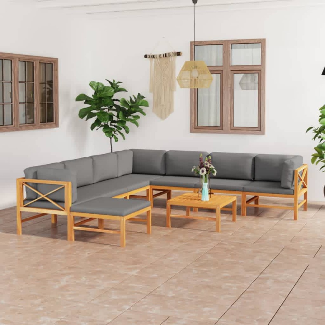 Vidaxl - vidaXL Salon de jardin 9 pcs avec coussins gris Bois de teck solide - Chaises de jardin