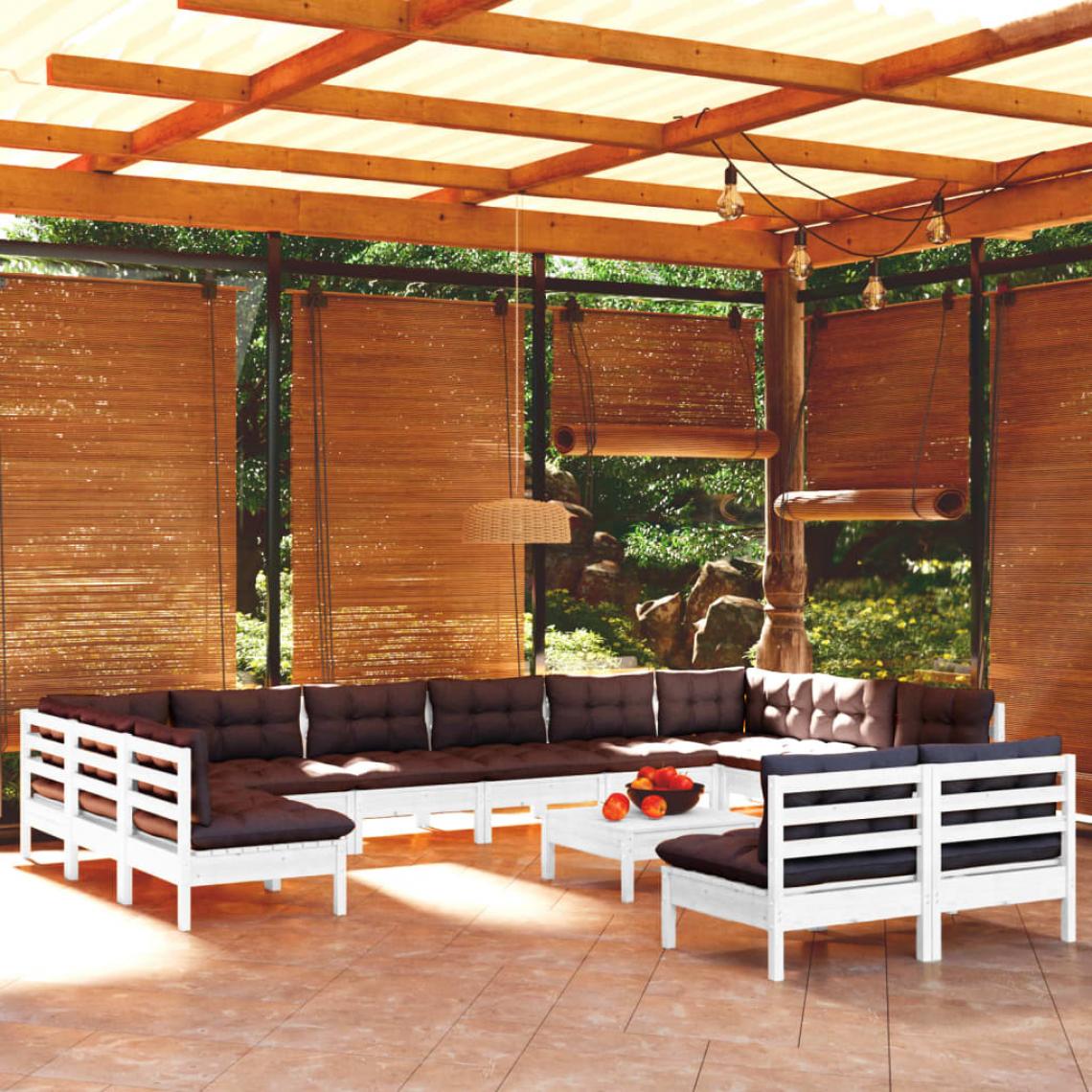 Vidaxl - vidaXL Salon de jardin 13 pcs avec coussins Blanc Bois de pin solide - Ensembles canapés et fauteuils
