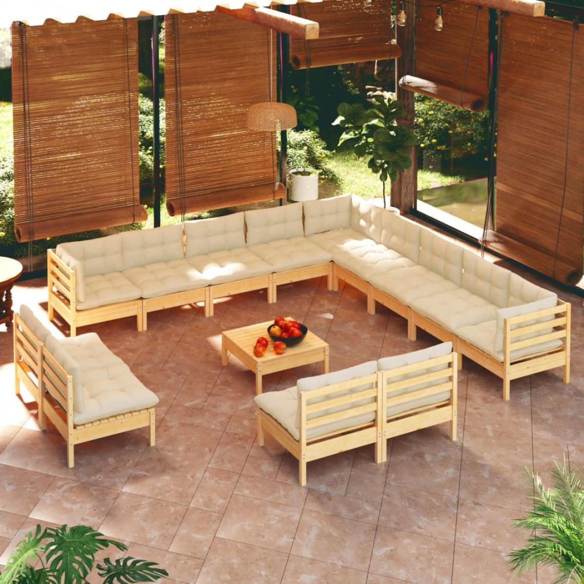 Vidaxl - vidaXL Salon de jardin 14 pcs avec coussins crème Bois de pin solide - Ensembles canapés et fauteuils