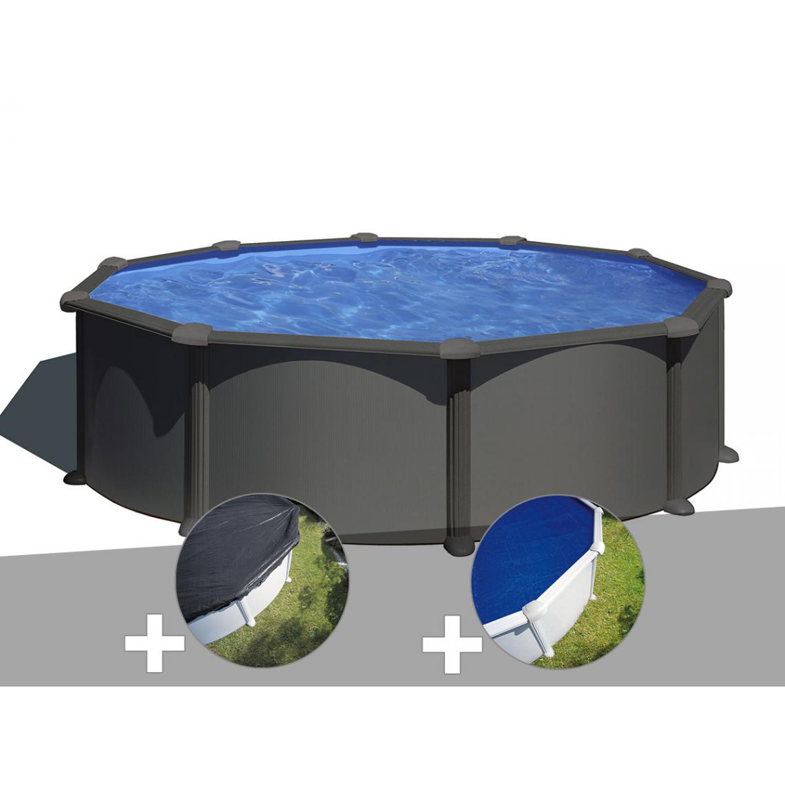 Gre - Kit piscine acier gris anthracite Gré Juni ronde 3,70 x 1,32 m + Bâche d'hivernage + Bâche à bulles - Piscines acier et résine