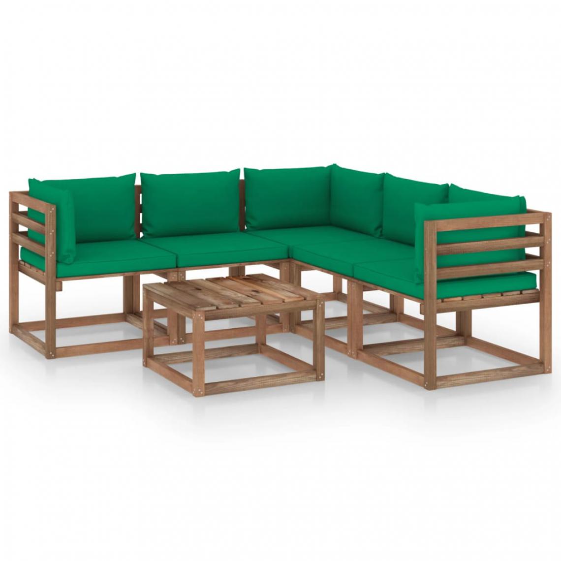 Chunhelife - Salon de jardin 6 pcs avec coussins vert Bois de pin imprégné - Ensembles canapés et fauteuils