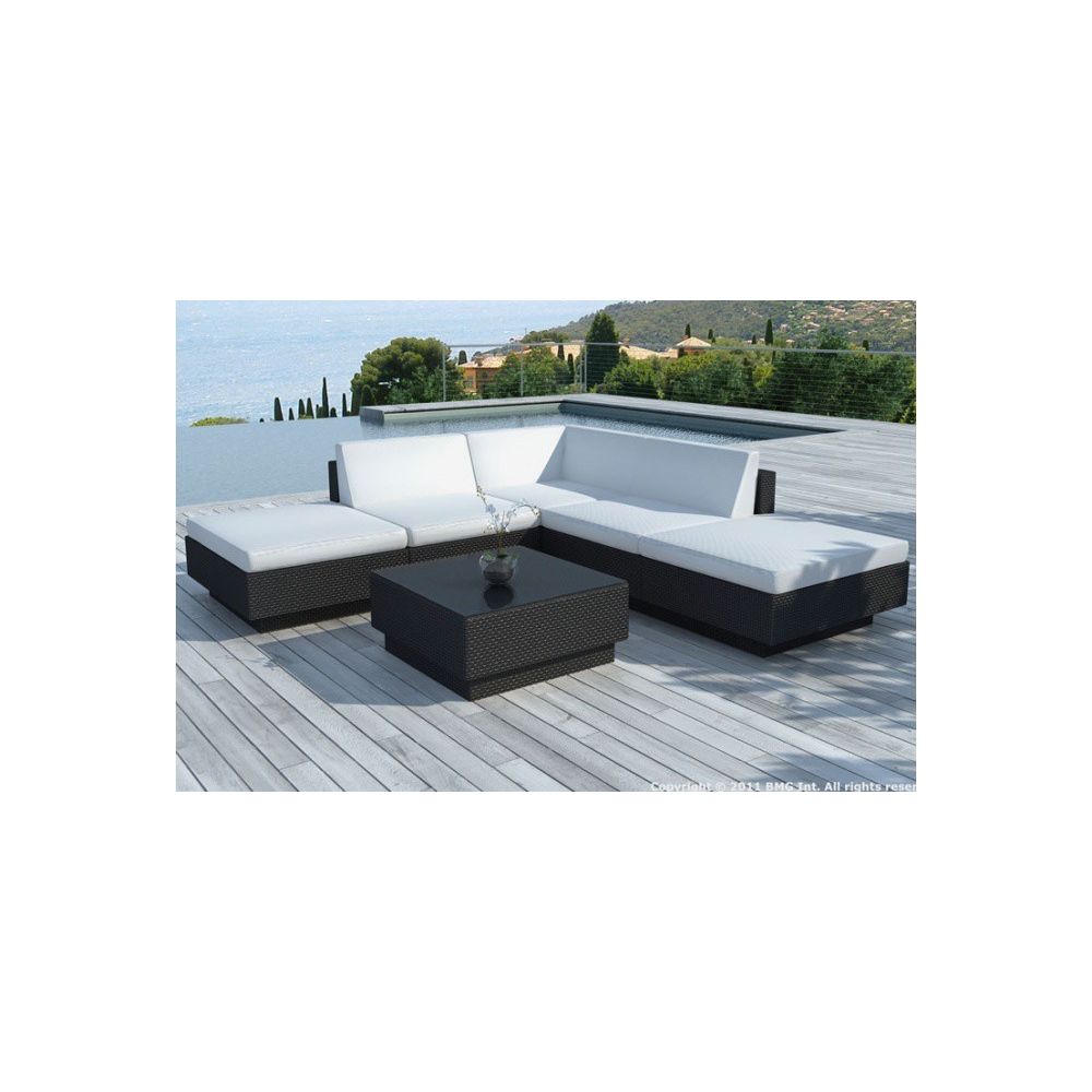 Delorm - Canapé d'angle + table de jardin noir et blanc écru en résine tressée PALACE - Ensembles canapés et fauteuils