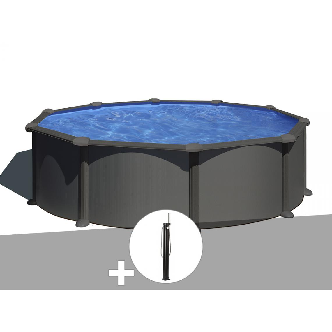 Gre - Kit piscine acier gris anthracite Gré Juni ronde 4,80 x 1,32 m + Douche - Piscines acier et résine
