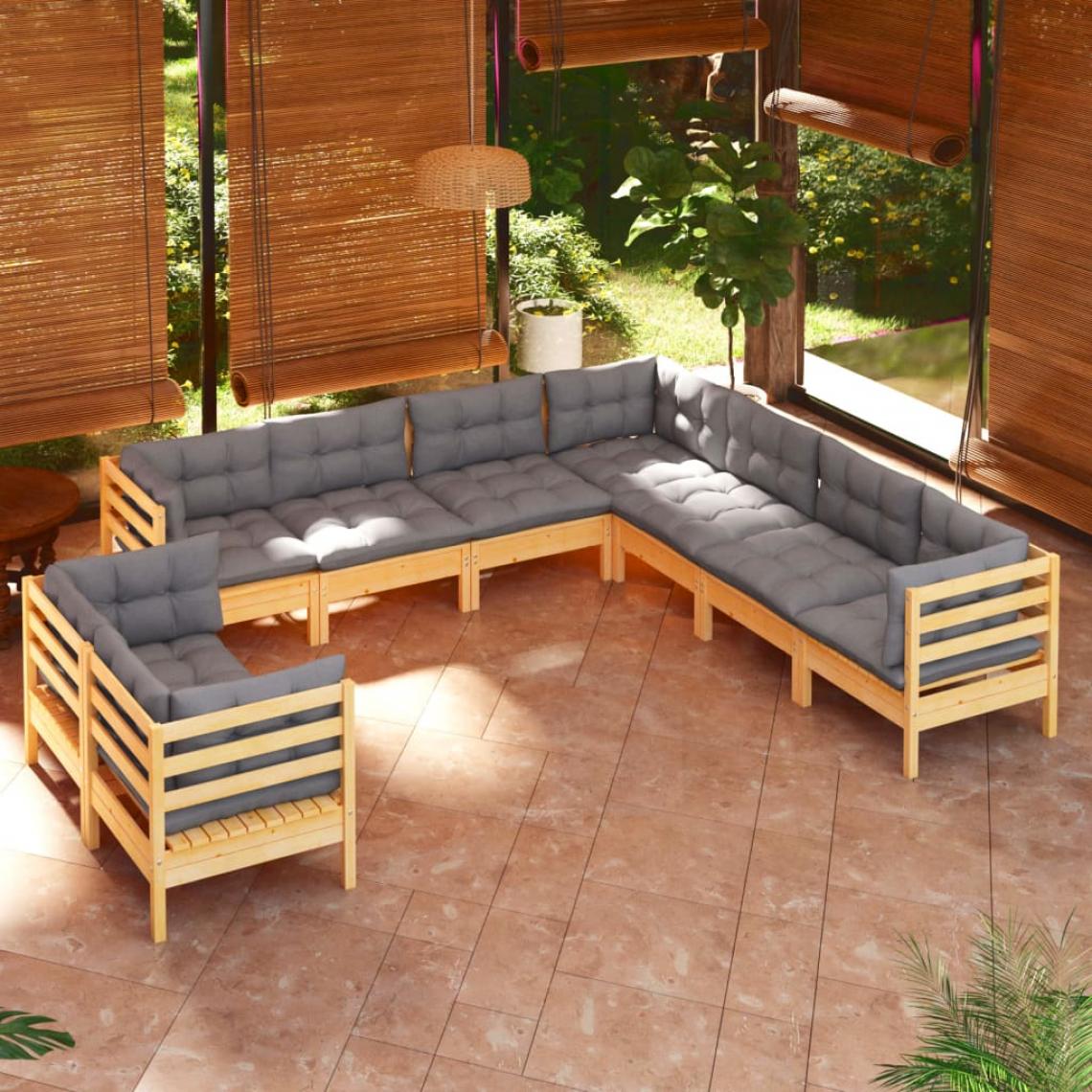 Vidaxl - vidaXL Salon de jardin 9 pcs avec coussins gris Bois de pin solide - Ensembles canapés et fauteuils