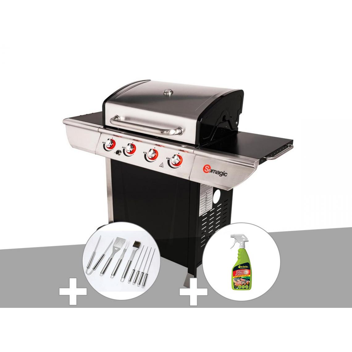 Somagic - Barbecue à gaz avec chariot Manhattan 450GPI + plancha + Malette de 8 accessoires inox + Dégraissant pour barbecue - Barbecues gaz