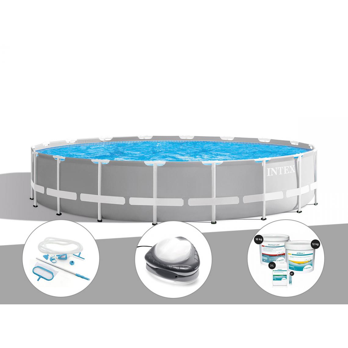 Intex - Kit piscine tubulaire Intex Prism Frame ronde 6,10 x 1,32 m + Kit d'entretien + Spot + Kit de traitement au chlore - Piscine Tubulaire
