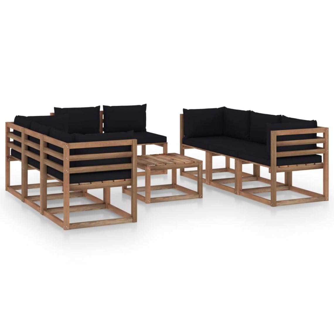 Chunhelife - Salon de jardin 9 pcs avec coussins Noir - Ensembles canapés et fauteuils