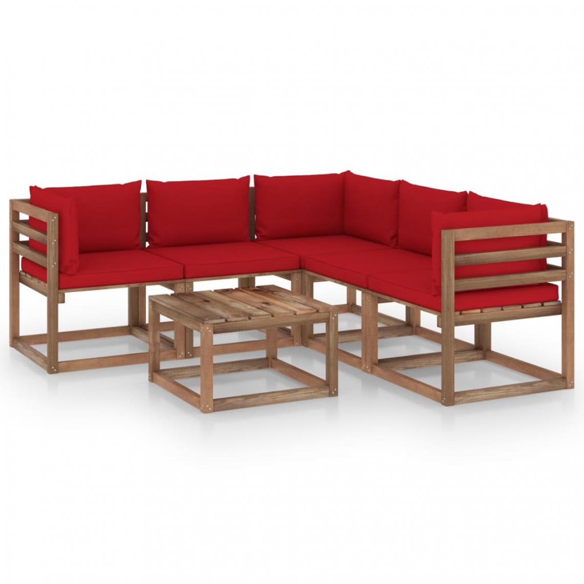 Chunhelife - Salon de jardin 6 pcs avec coussins rouge Bois de pin imprégné - Ensembles canapés et fauteuils