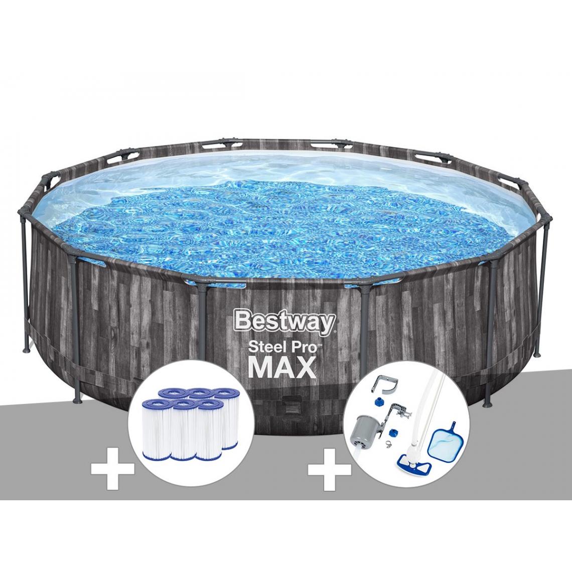 Bestway - Kit piscine tubulaire ronde Bestway Steel Pro Max décor bois 3,66 x 1,00 m + 6 cartouches de filtration + Kit d'entretien Deluxe - Piscine Tubulaire