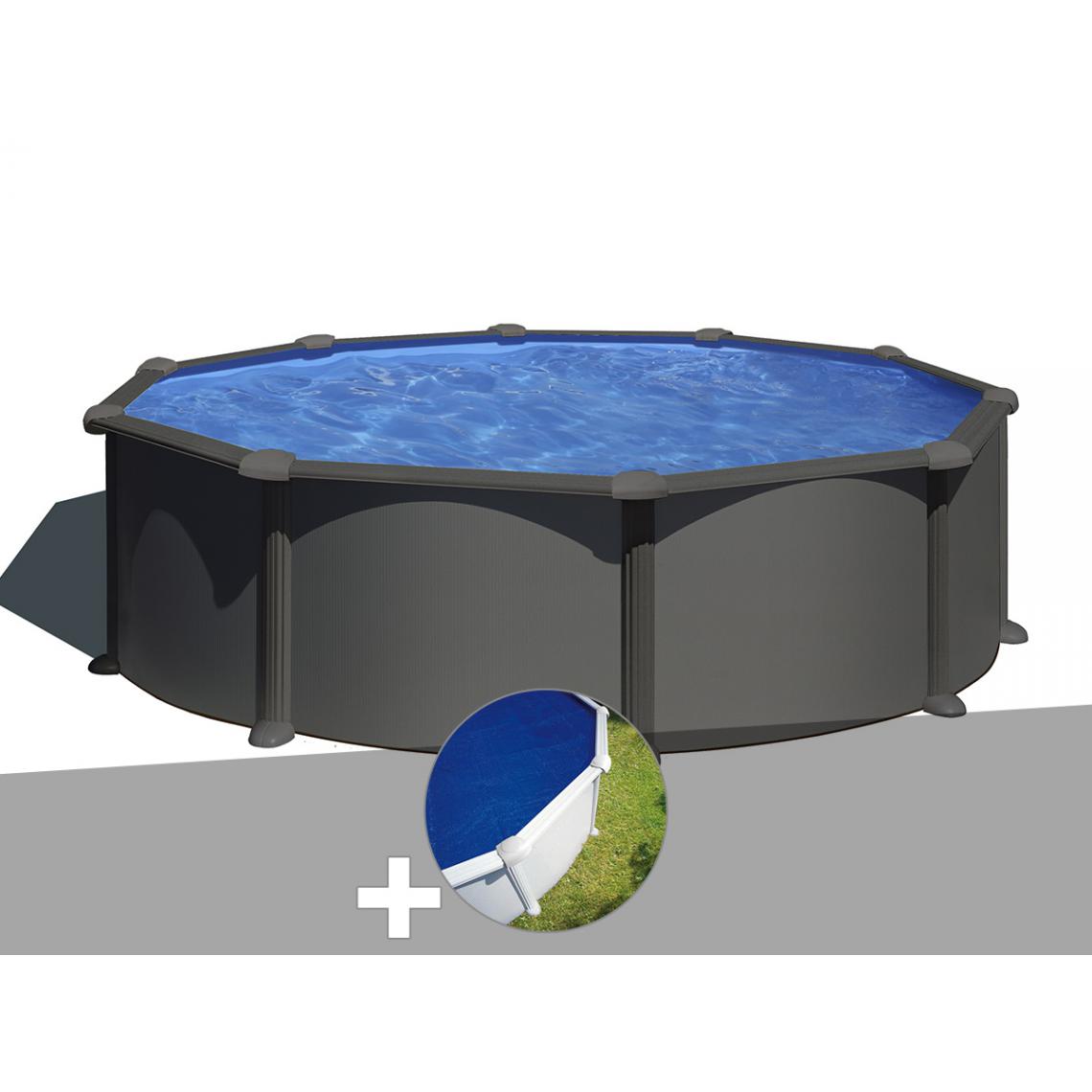 Gre - Kit piscine acier gris anthracite Gré Juni ronde 3,70 x 1,32 m + Bâche à bulles - Piscines acier et résine