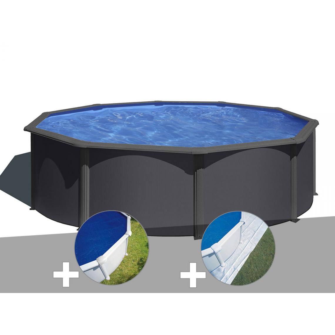 Gre - Kit piscine acier gris anthracite Gré Louko ronde 3,70 x 1,22 m + Bâche à bulles + Tapis de sol - Piscines acier et résine