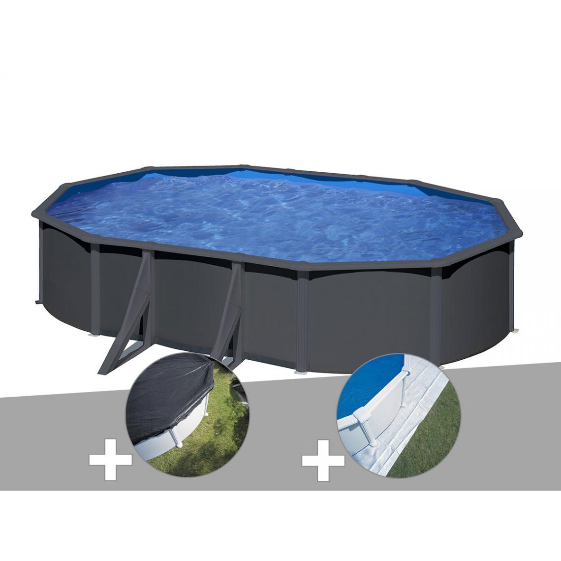 Gre - Kit piscine acier gris anthracite Gré Louko ovale 6,34 x 3,99 x 1,22 m + Bâche d'hivernage + Tapis de sol - Piscines acier et résine