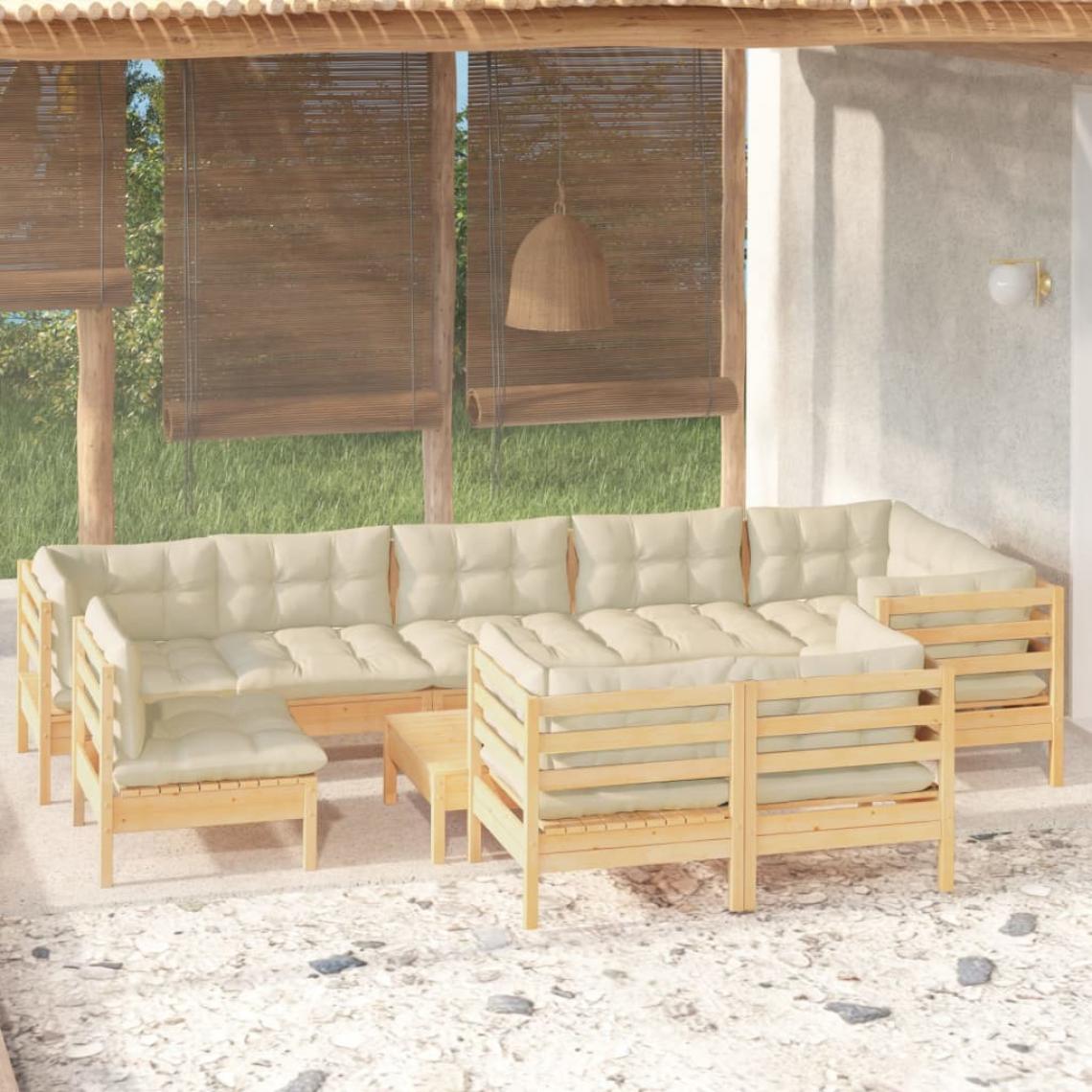 Vidaxl - vidaXL Salon de jardin 10 pcs avec coussins crème Bois de pin massif - Ensembles canapés et fauteuils