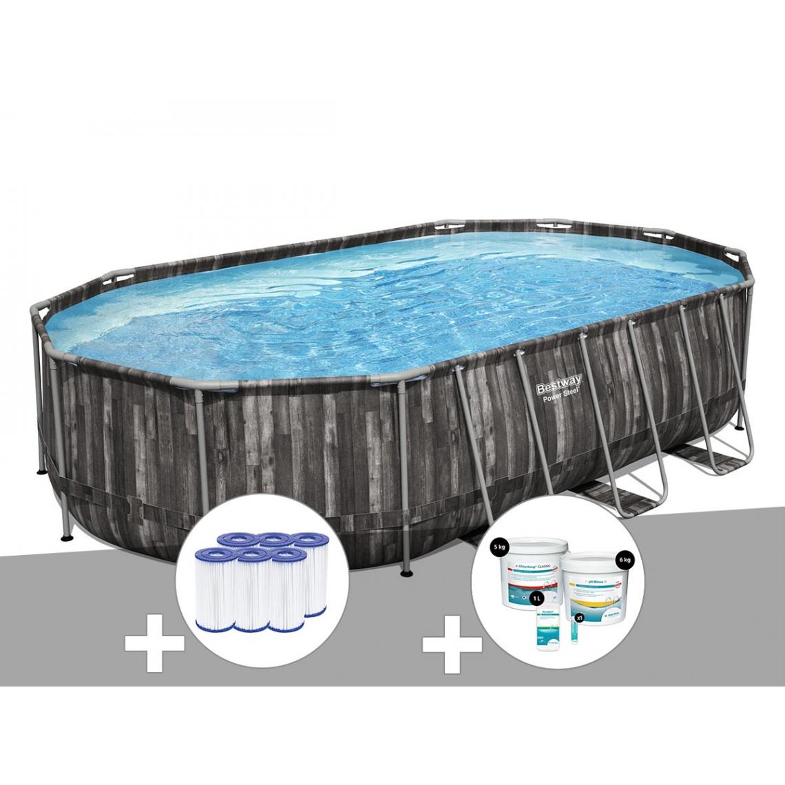 Bestway - Kit piscine tubulaire ovale Bestway Power Steel décor bois 6,10 x 3,66 x 1,22 m + 6 cartouches de filtration + Kit de traitement au chlore - Piscine Tubulaire
