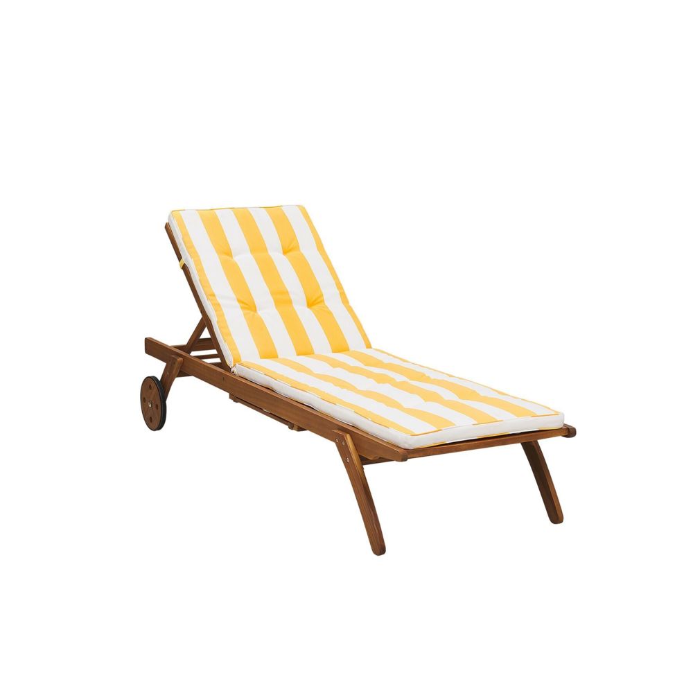 Beliani - Beliani Transat de jardin en bois avec coussin en tissu à rayures jaunes CESANA - marron - Transats, chaises longues