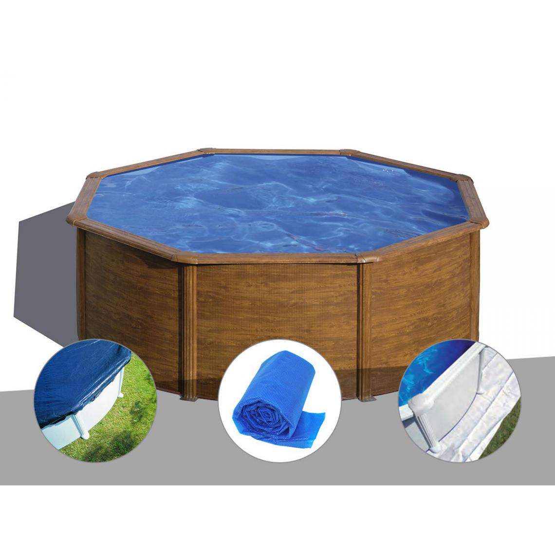 Gre - Kit piscine acier aspect bois Gré Sicilia ronde 3,70 x 1,22 m + Bâche hiver + Bâche à bulles + Tapis de sol - Piscines acier et résine
