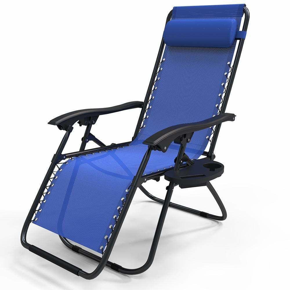 Vounot - Chaise longue inclinable en textilene avec porte gobelet et portable bleue - Transats, chaises longues