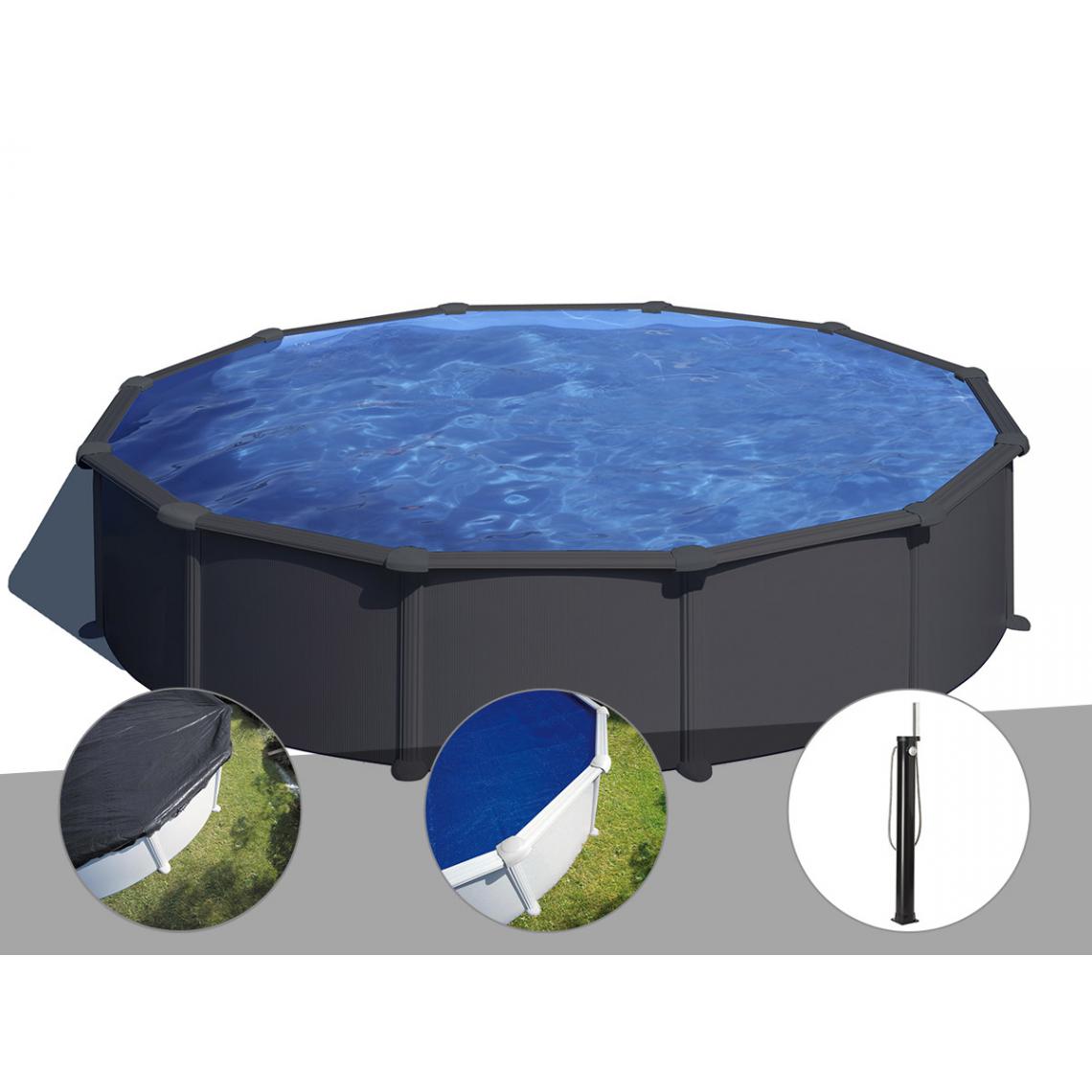 Gre - Kit piscine acier gris anthracite Gré Juni ronde 5,70 x 1,32 m + Bâche d'hivernage + Bâche à bulles + Douche - Piscines acier et résine