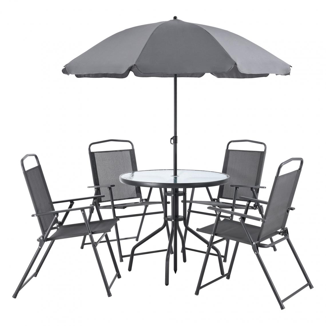 En.Casa - Salon de Jardin Milagro de 4 Places avec Parasol Verre Noir Gris Foncé [en.casa] - Ensembles tables et chaises