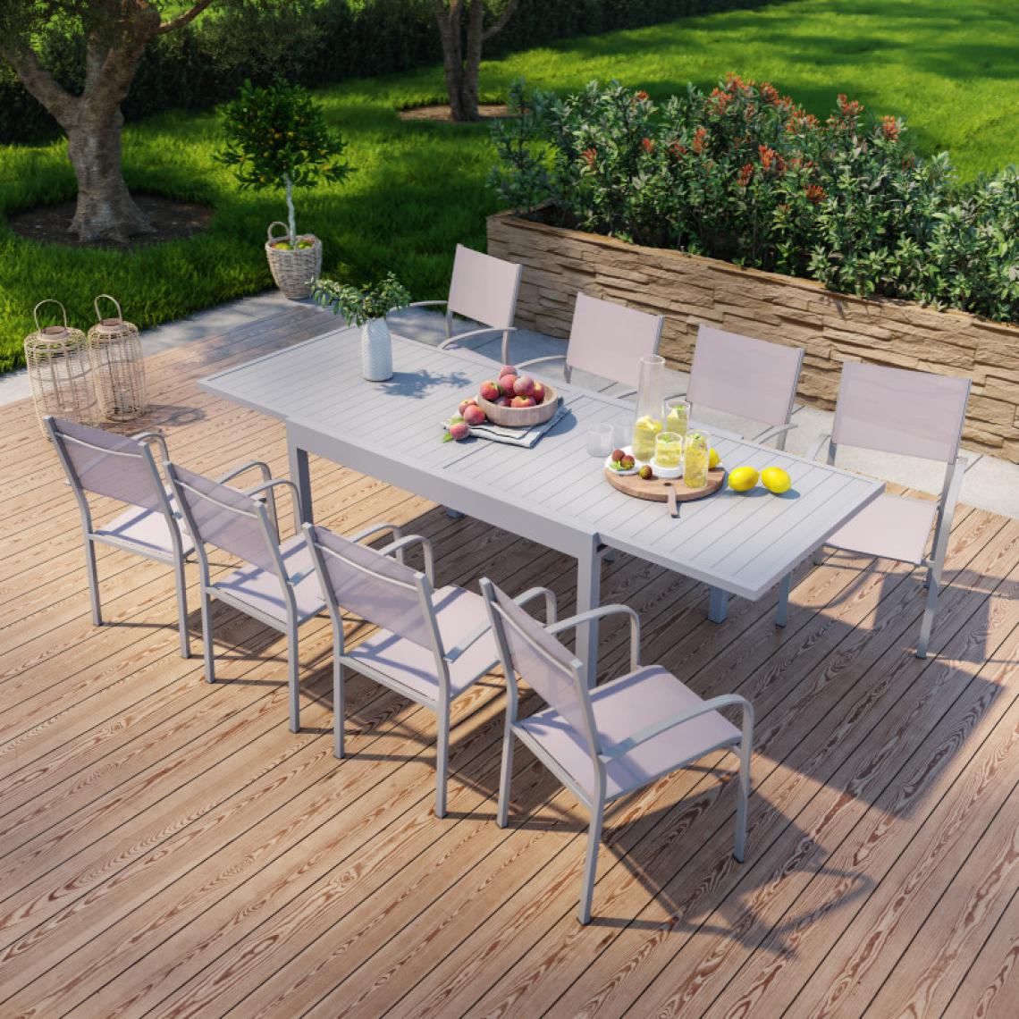 Avril Paris - Table de jardin extensible en aluminium 270cm + 8 fauteuils empilables textilène gris taupe - MILO 8 - Ensembles canapés et fauteuils