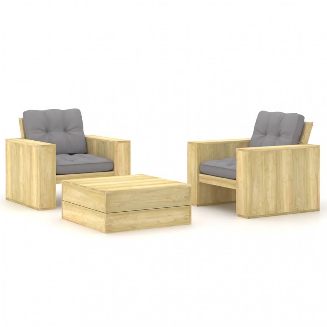 Chunhelife - Salon de jardin 3 pcs avec coussins Bois de pin imprégné - Ensembles canapés et fauteuils