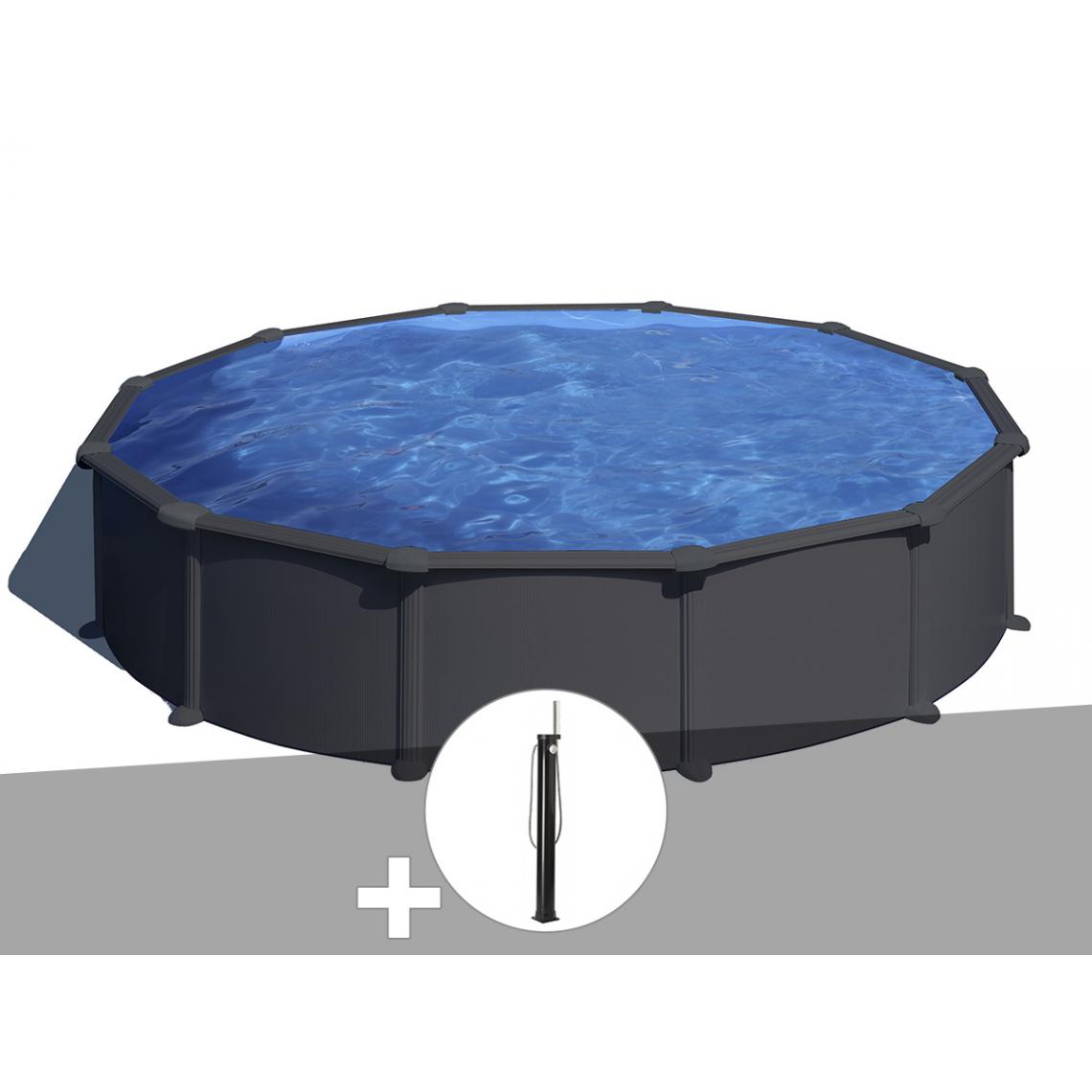 Gre - Kit piscine acier gris anthracite Gré Juni ronde 5,70 x 1,32 m + Douche - Piscines acier et résine