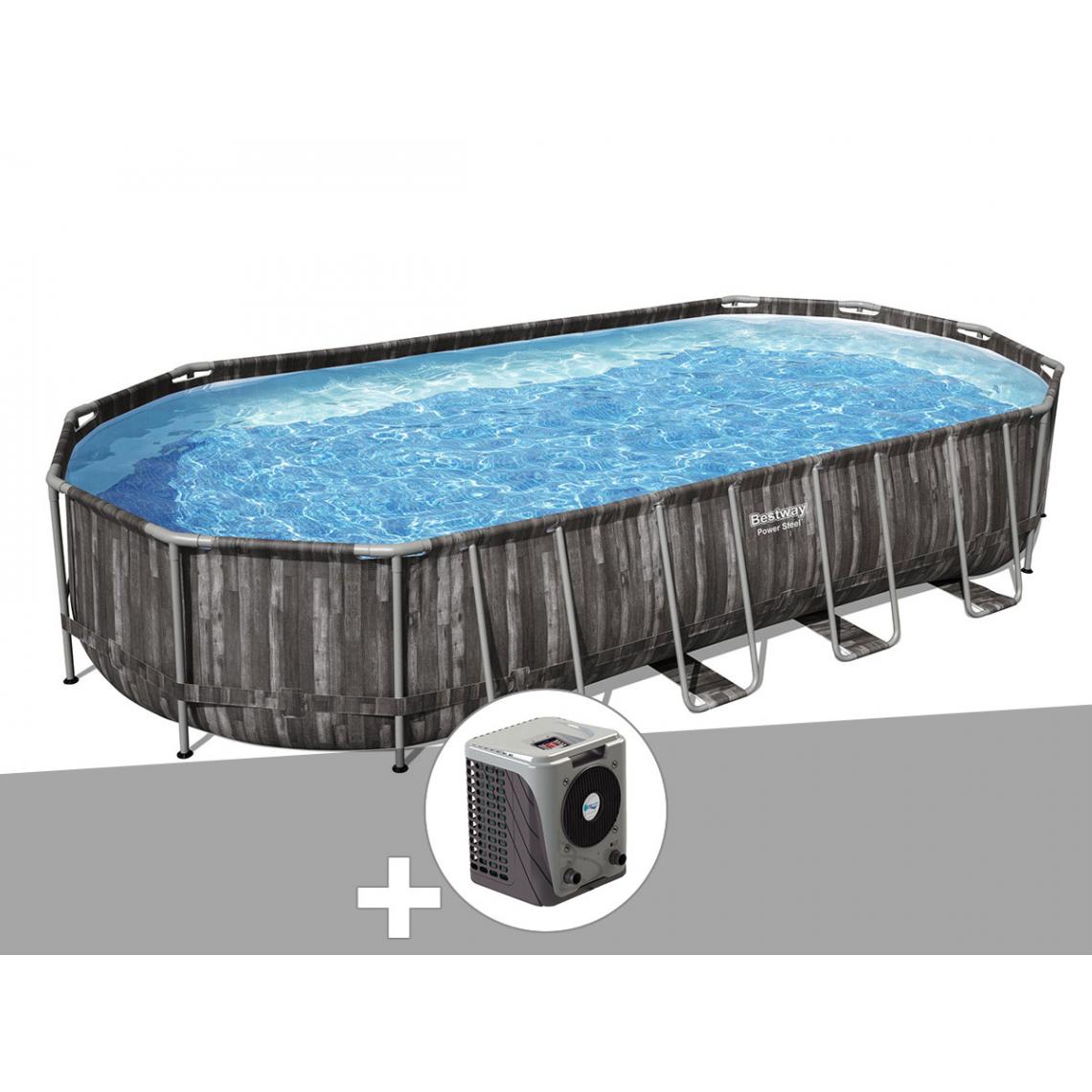 Bestway - Kit piscine tubulaire ovale Bestway Power Steel décor bois 7,32 x 3,66 x 1,22 m + Pompe à chaleur - Piscine Tubulaire