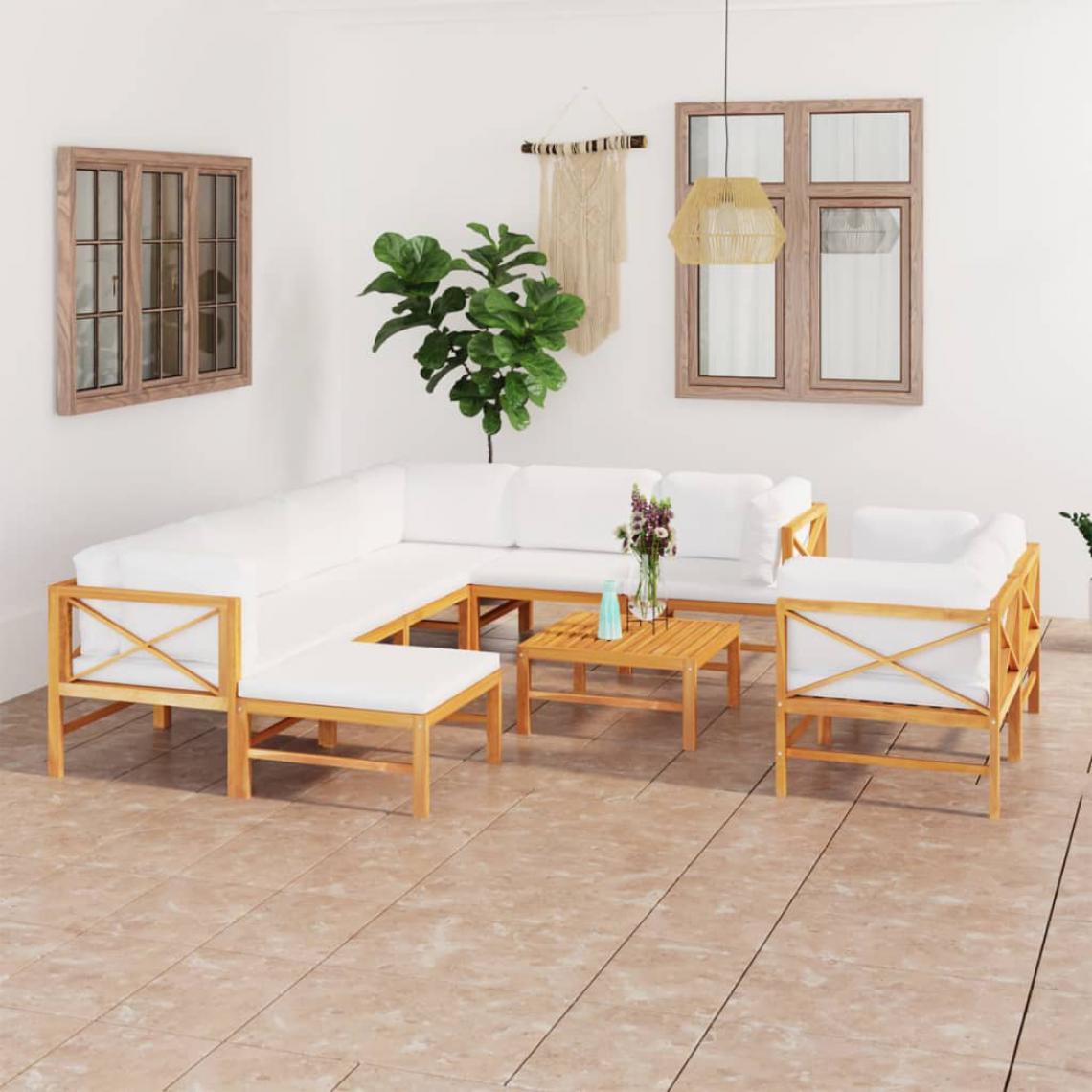Vidaxl - vidaXL Salon de jardin 10 pcs avec coussins crème Bois de teck solide - Chaises de jardin