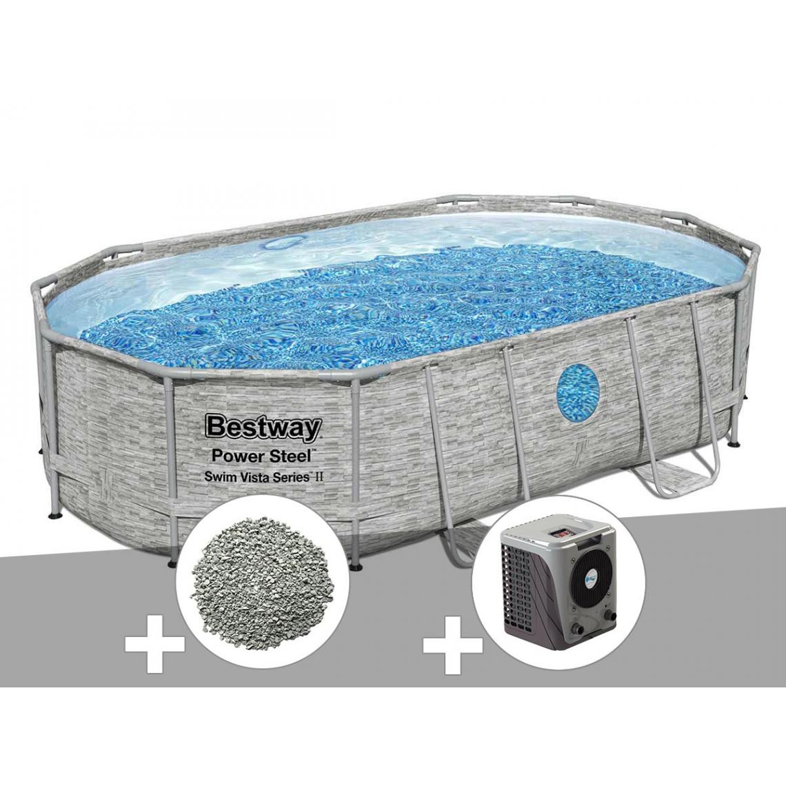 Bestway - Kit piscine tubulaire ovale Bestway Power Steel SwimVista avec hublots 4,88 x 3,05 x 1,07 m + 10 kg de zéolite + Pompe à chaleur - Piscine Tubulaire