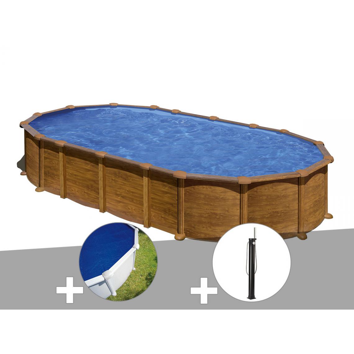 Gre - Kit piscine acier aspect bois Gré Amazonia ovale 7,44 x 3,99 x 1,32 m + Bâche à bulles + Douche - Piscines acier et résine