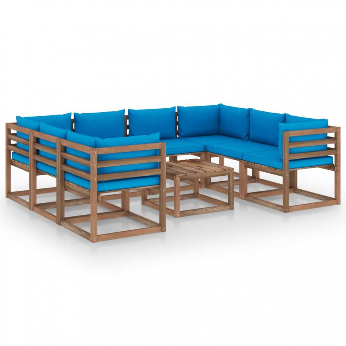 Chunhelife - Salon de jardin 9 pcs avec coussins bleu clair - Ensembles canapés et fauteuils